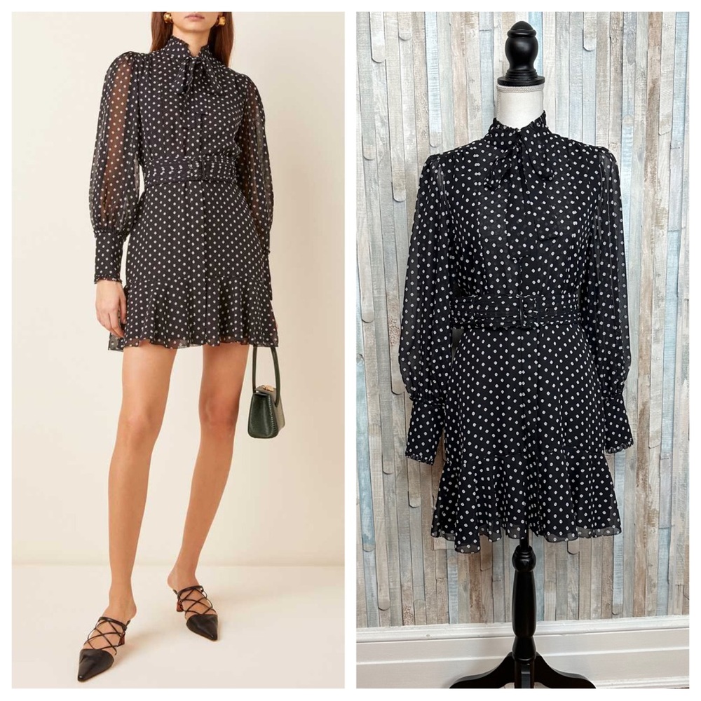 Alexis S Black Polka Dot Ivette Ruffled Chiffon Puff Sleeve Mini Dress Bow
